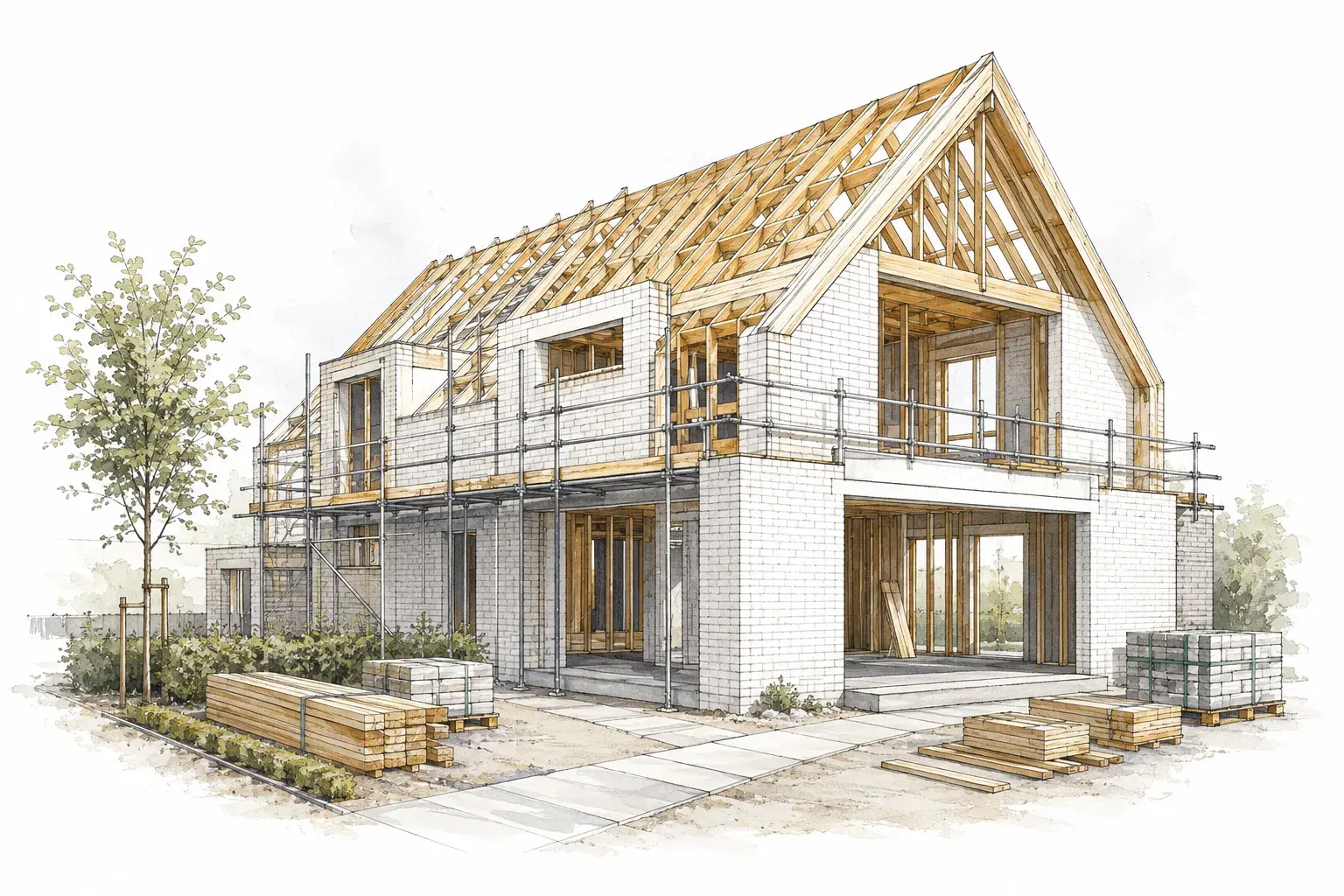 A family home taking shape with timber roof framing, partial brick walls, scaffolding and neatly stored materials.