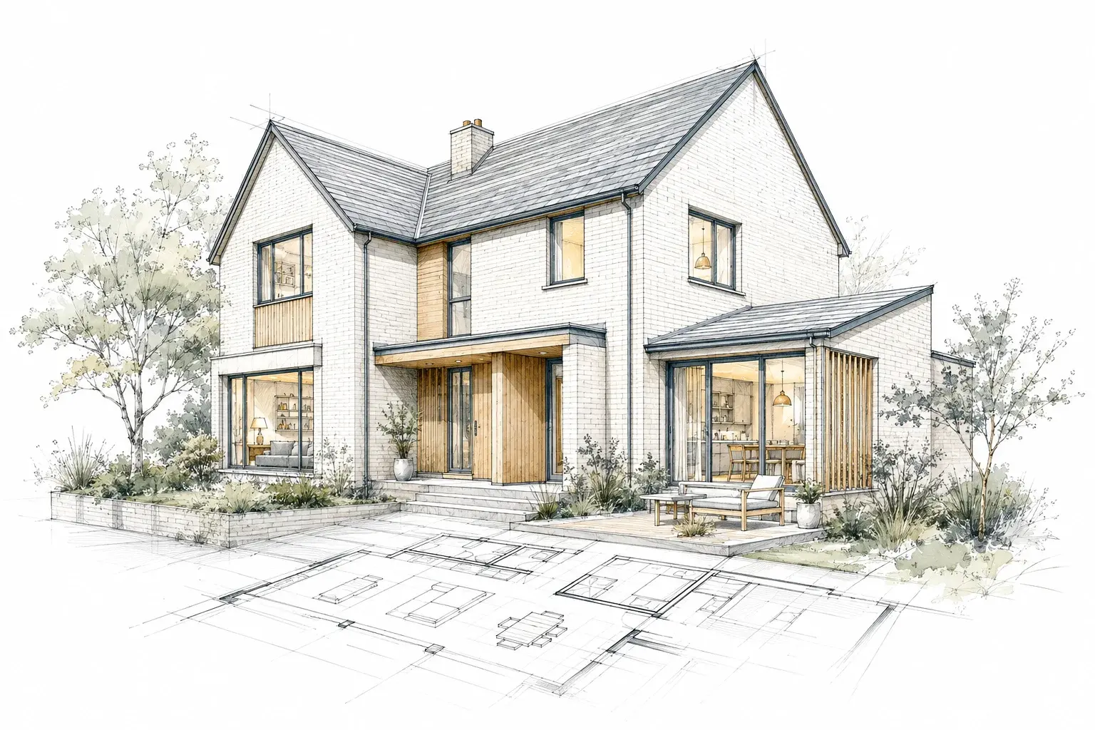 An ink and watercolor concept sketch of a brick and timber family home, emerging from its floor plan into a garden.