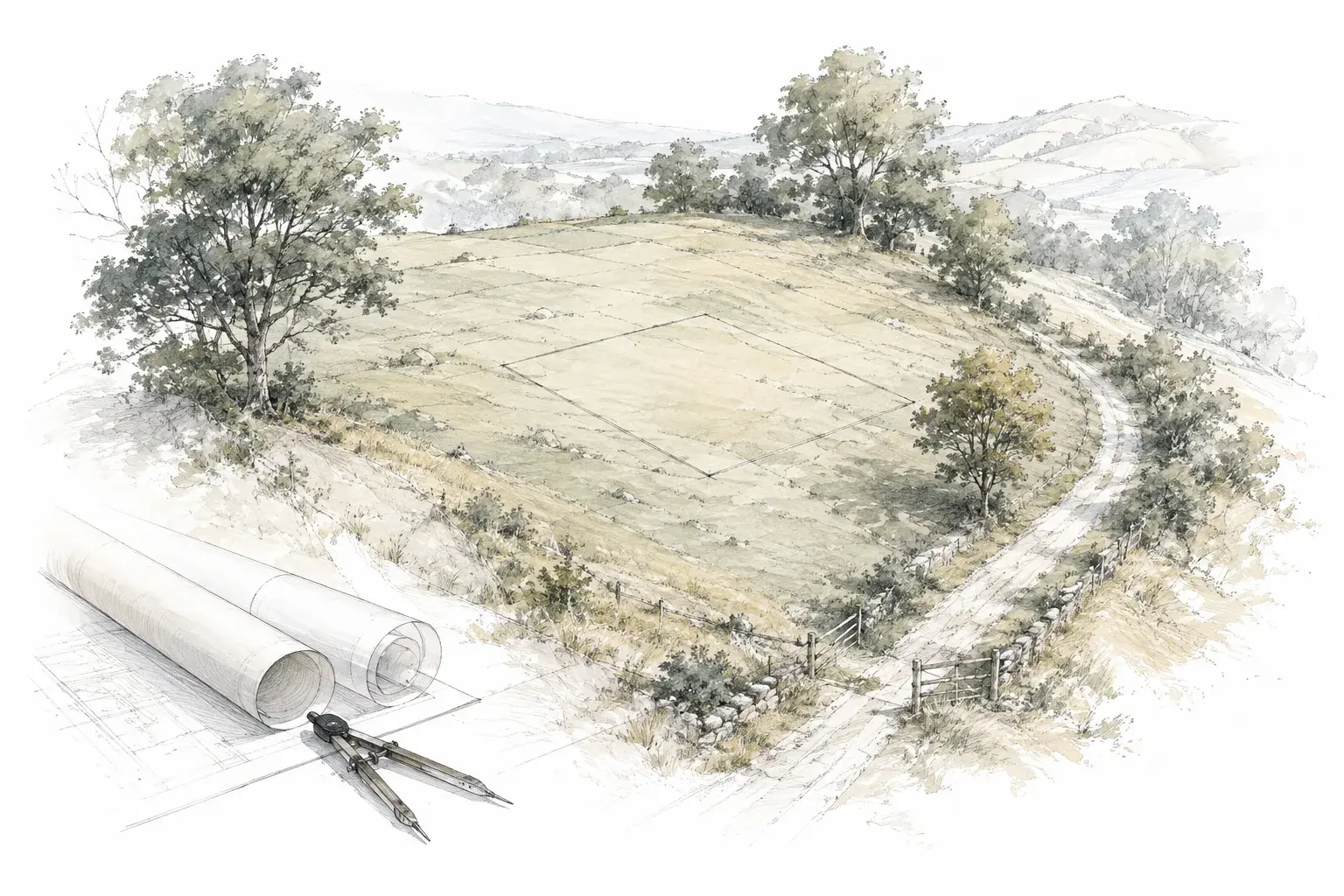 A gently sloping plot with trees, an access lane and the faint footprint of a possible home, drawn in ink and watercolor.