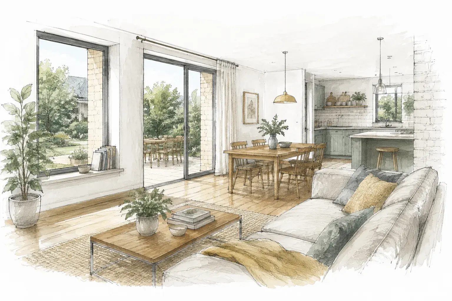 A light-filled family living room, dining space and kitchen opening onto a garden, illustrated in ink and watercolor.