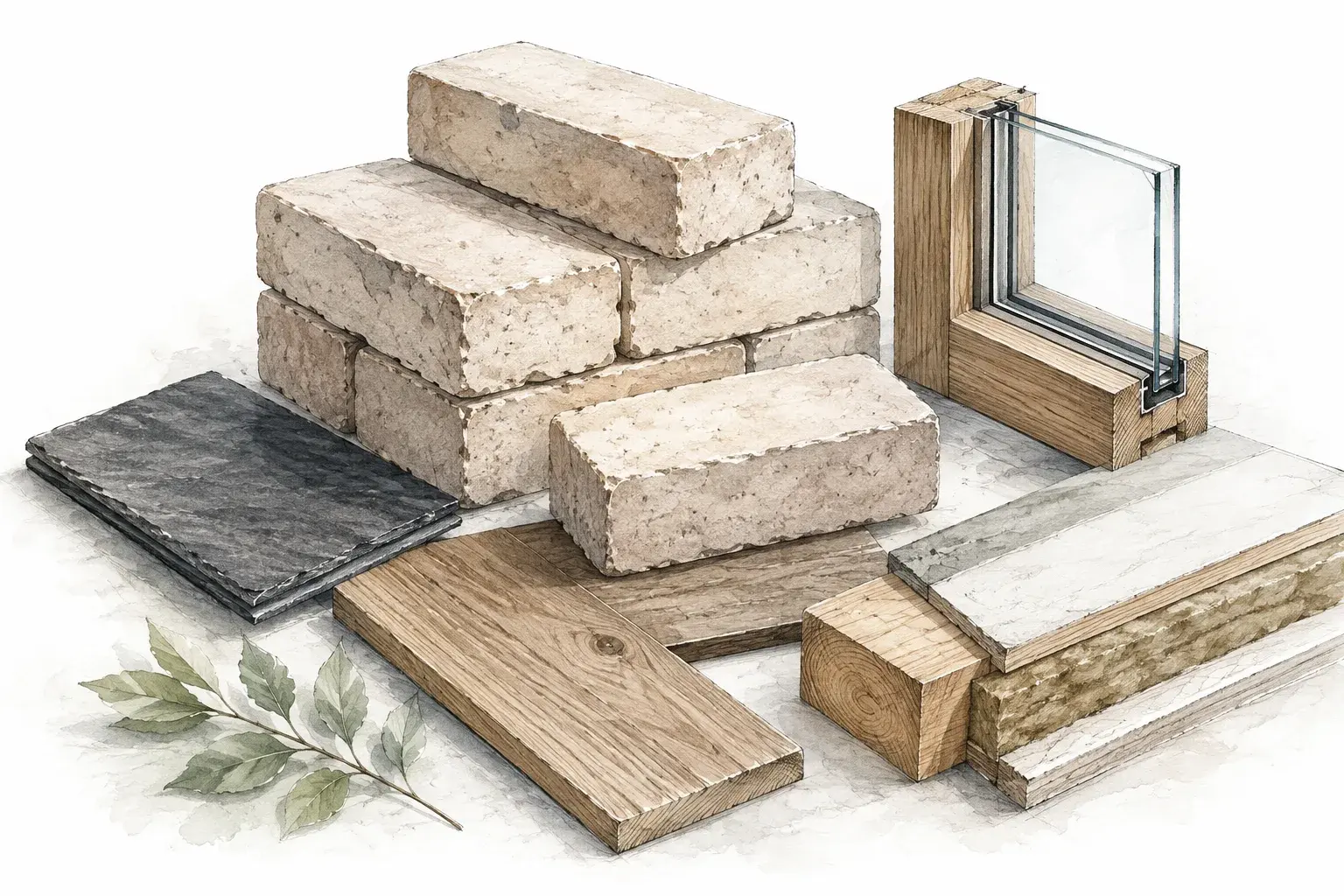 A sketched material palette of pale bricks, oak boards, slate, insulation and a glazing sample.