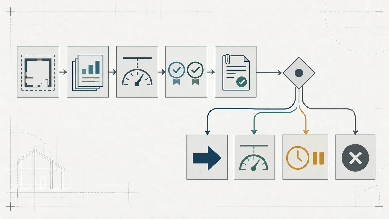 Decision map showing an unpriced change moving through scope, pricing, exposure, authority, and verification gates before proceed, cap, pause, defer, or reject.