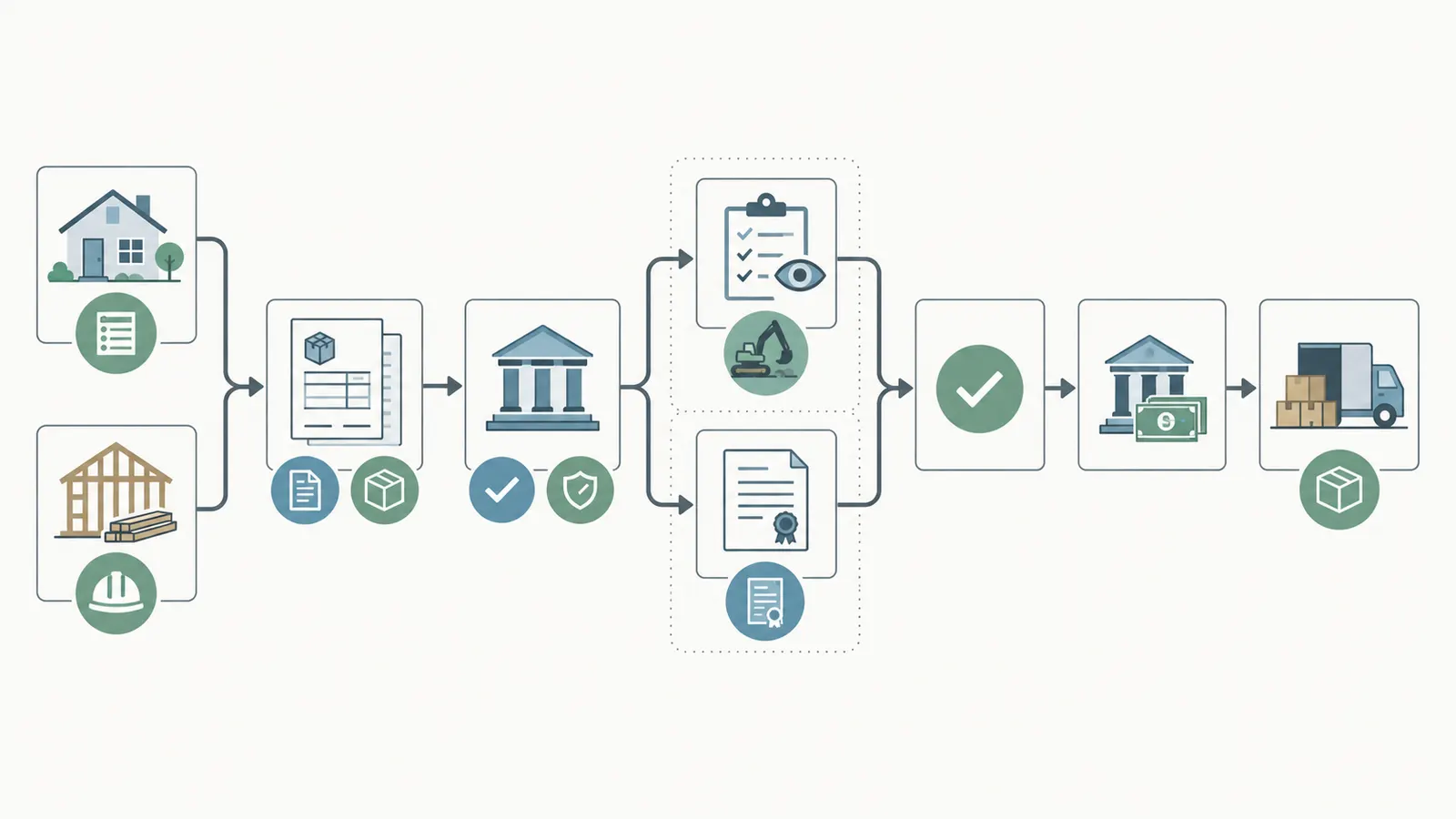 Evidence handoff diagram connecting homeowner, builder, supplier, lender, inspector, and title company