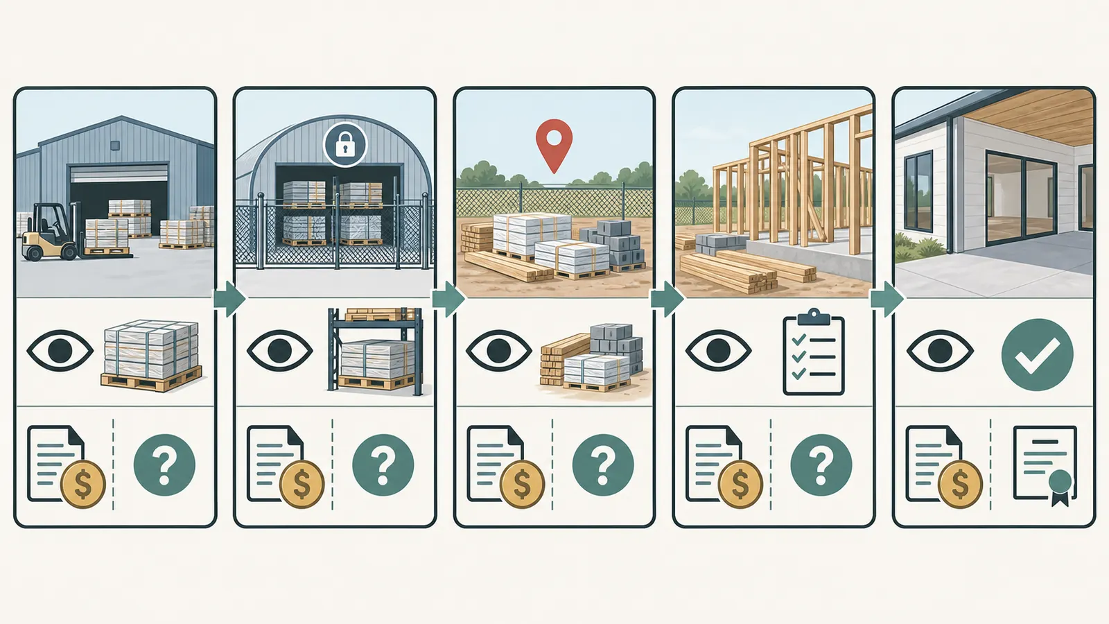 Comparison of five material states from off-site order to installed work