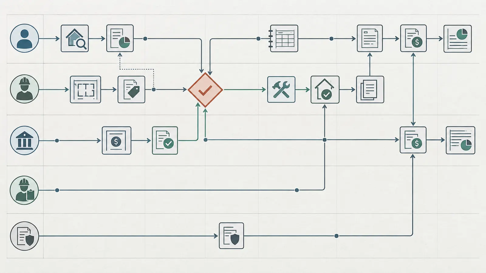Sequence from discovered condition through pricing, approvals, evidence, draw, and ledger update