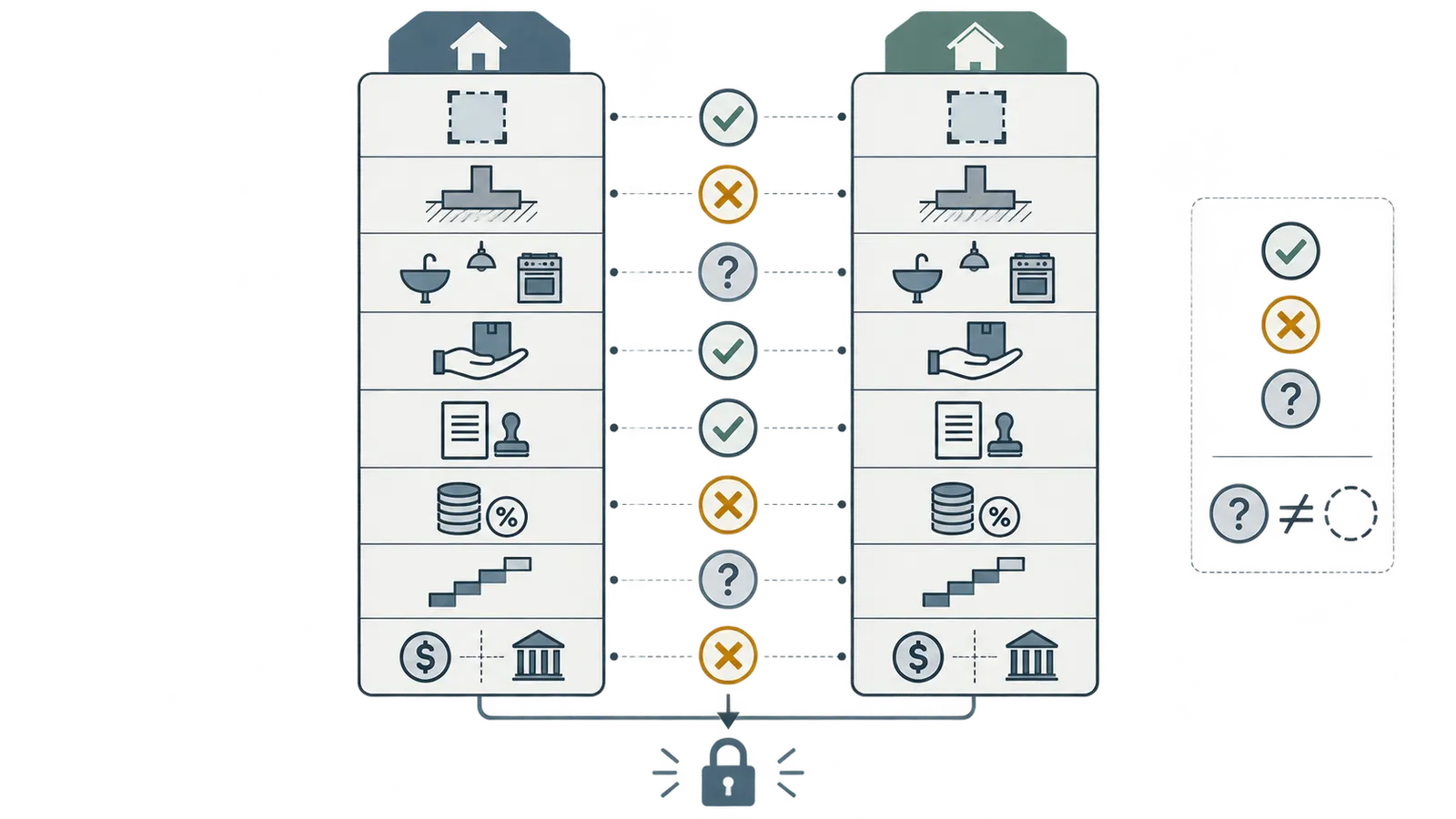 A boundary checklist comparing baseline and current scope, fees, allowances, taxes, commitments and financing assumptions
