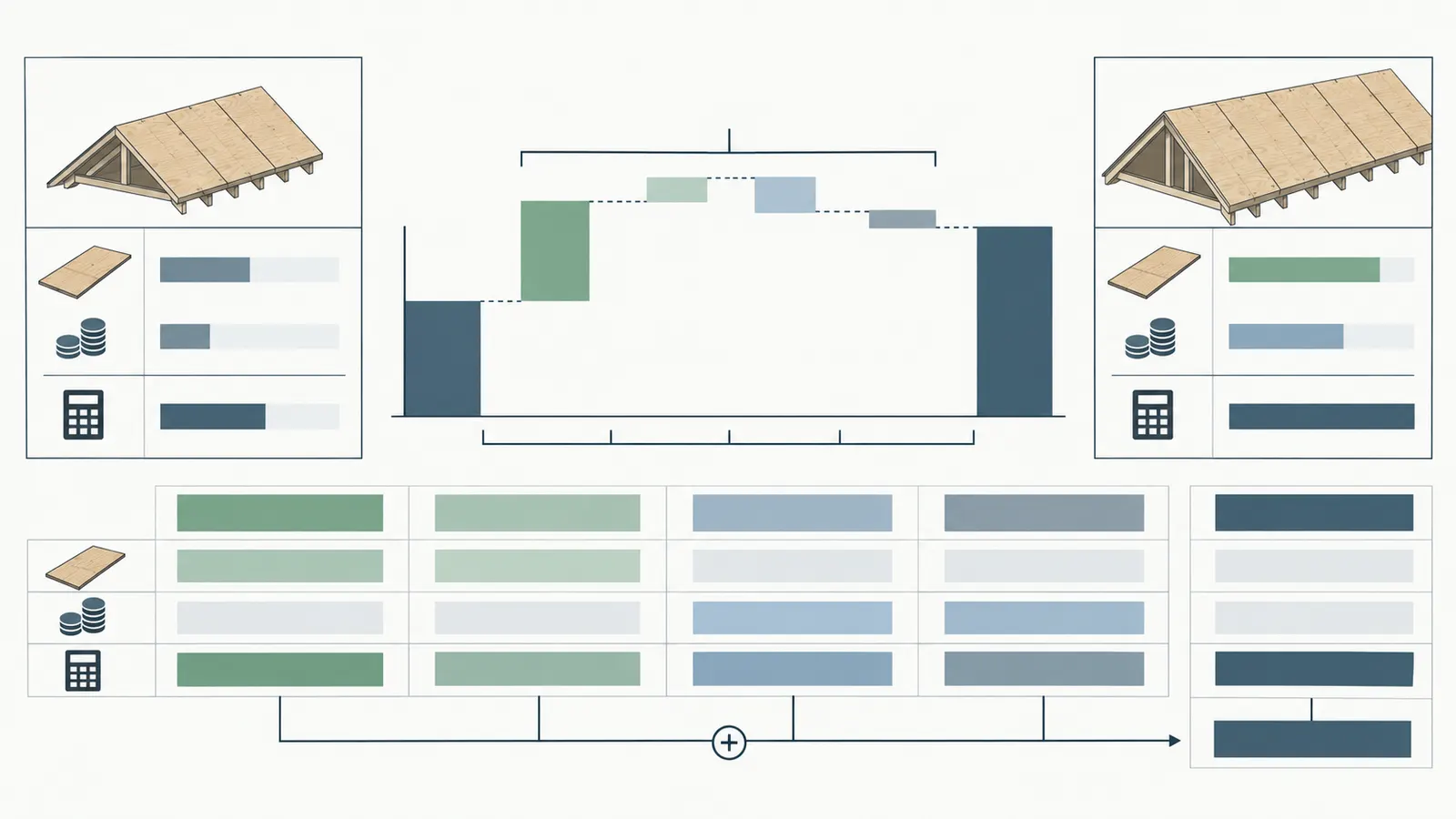 A worked roof-sheathing comparison showing quantity effect, price effect and their interaction