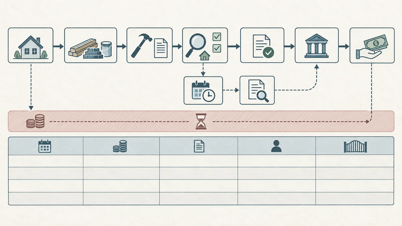 Construction draw ledger linking homeowner cash payments, inspection, title review, and lender funding