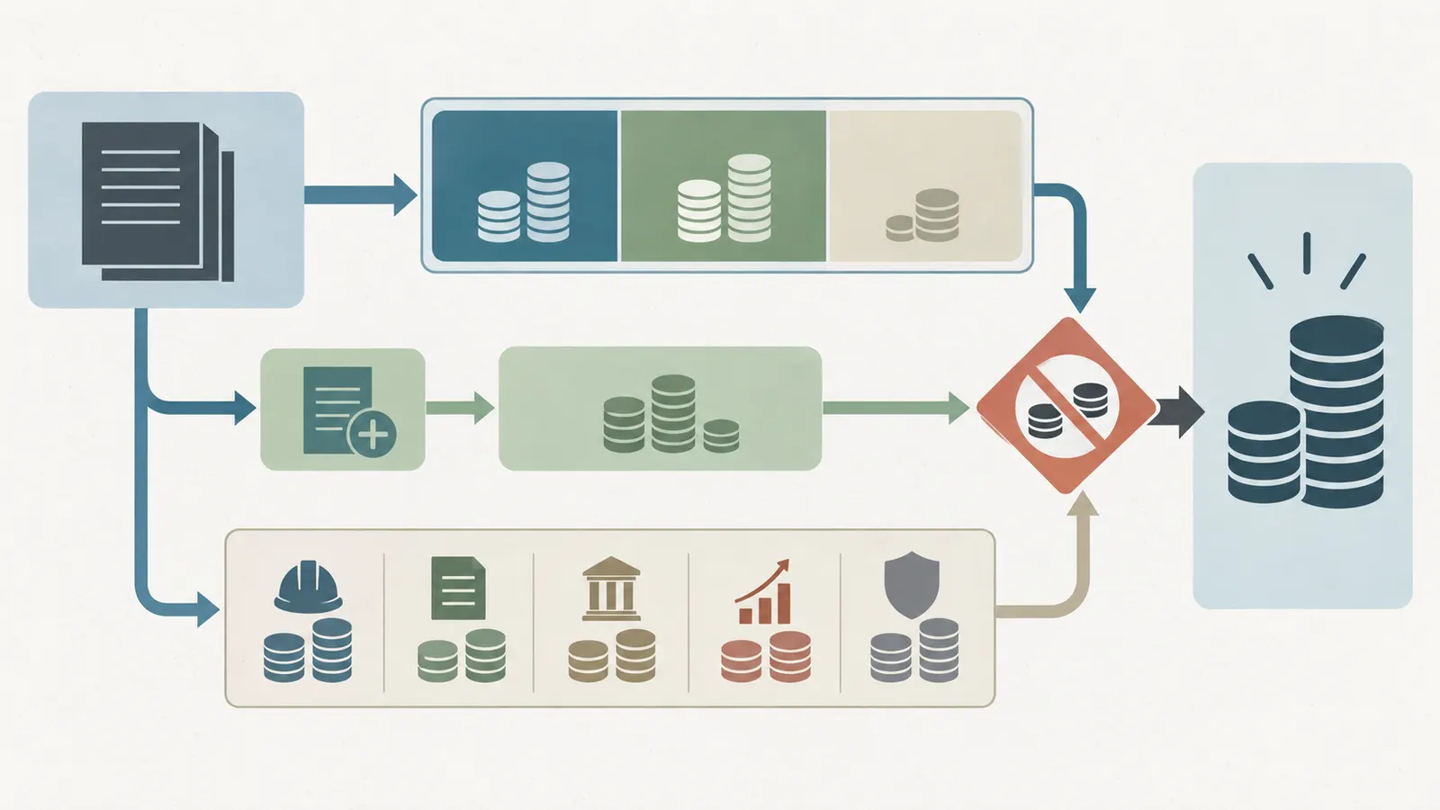 Ledger diagram showing paid, committed unpaid and remaining base scope flowing into approved changes and unresolved exposures without double counting