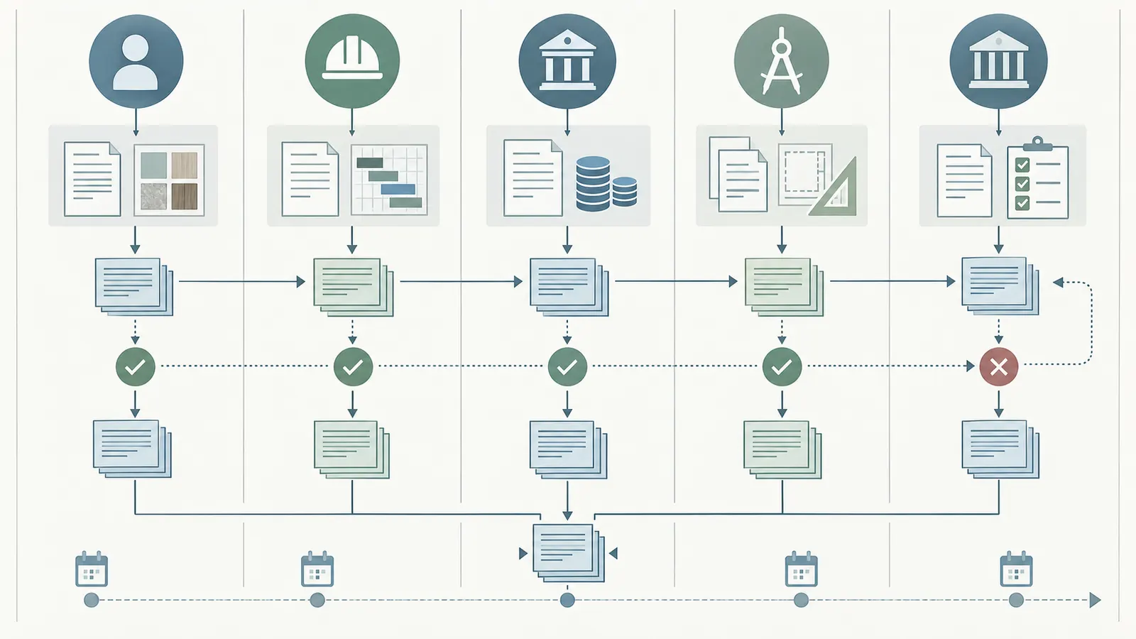 Responsibility map connecting homeowner, builder, lender, professionals and local authority to the records each verifies