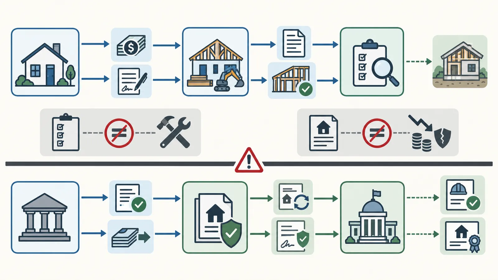 Responsibility map connecting homeowner, builder, inspector, lender, title provider, and local building department