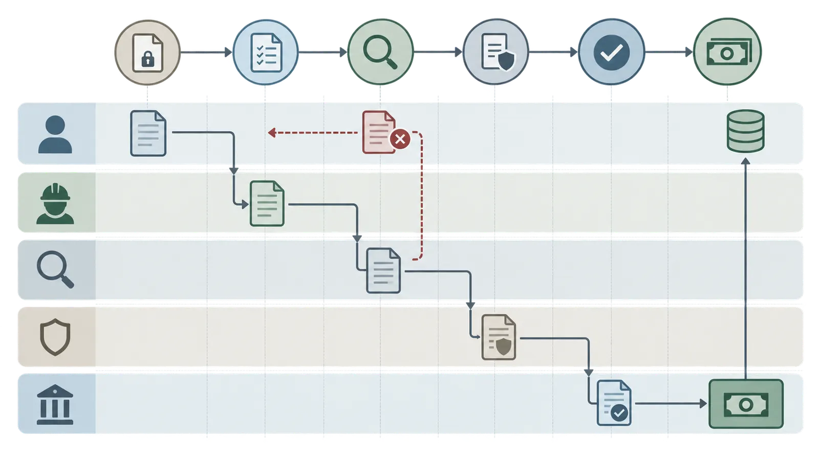 Construction draw workflow from budget reconciliation through inspection, title review, lender approval, and funding