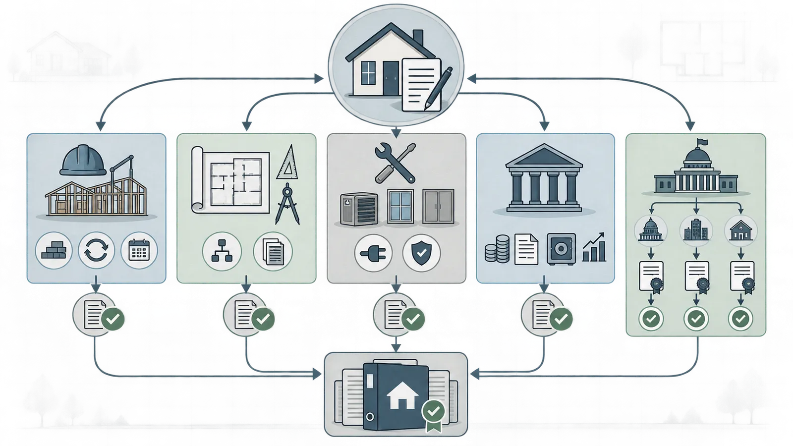 Handoff map connecting homeowner, builder, designer, lender, trade and actual local authority before coordinated change approval and completion verification.