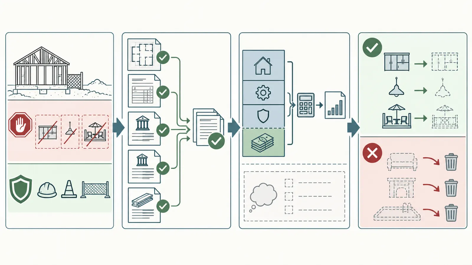 Decision map showing a homeowner freezing affected commitments, reconciling project records and verifying the funding gap before choosing a scope cut.