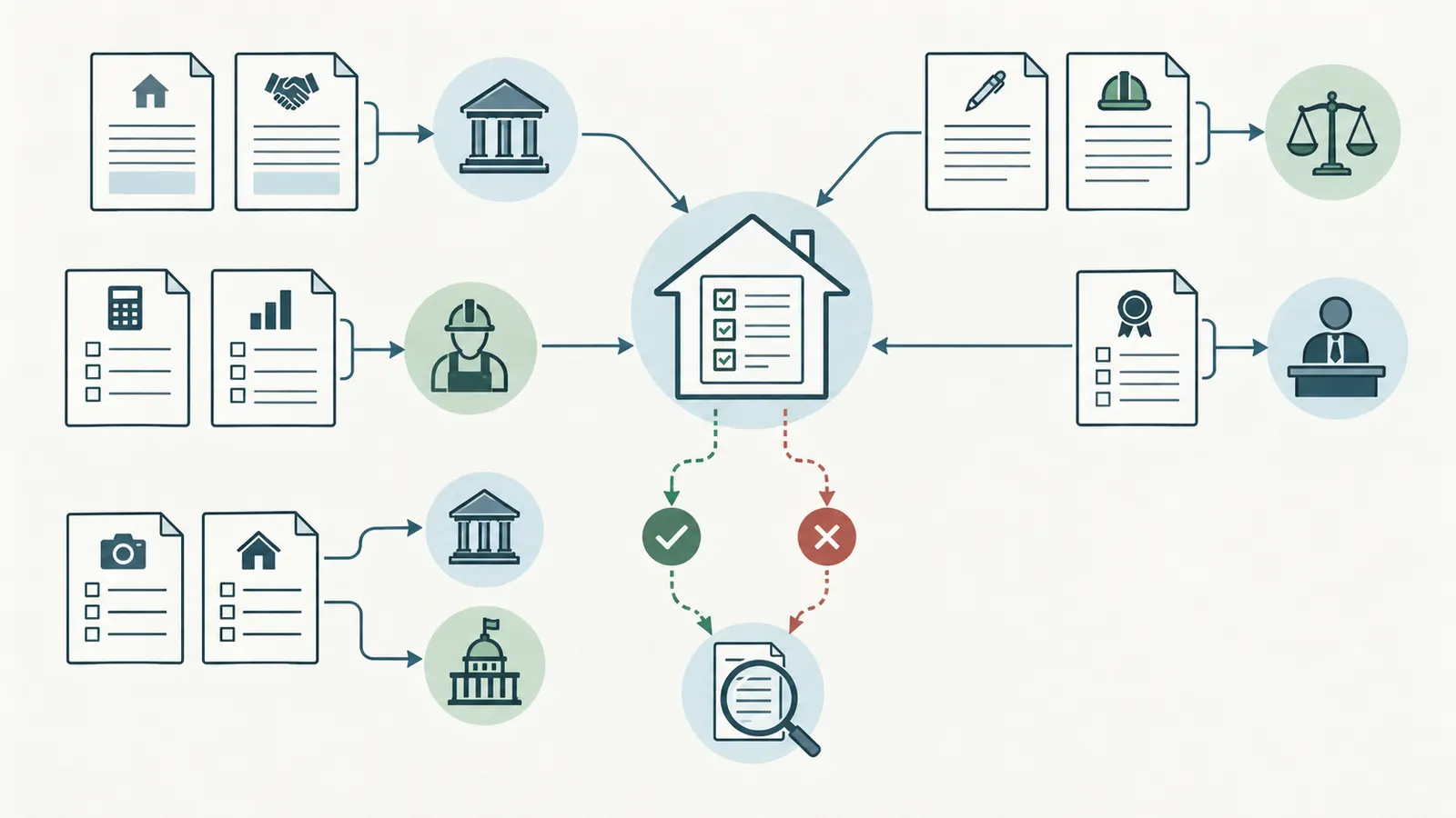 Decision map linking loan documents and project records to the person who confirms each construction payment input.