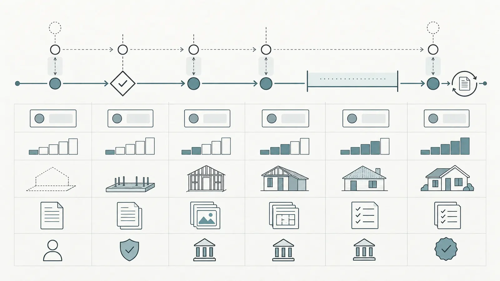 Dated construction draw ledger showing planned, funded, posted and period-end dates before interest is recalculated.