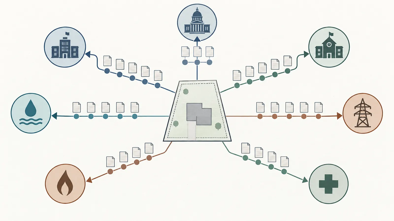 Jurisdiction handoff diagram connecting city, county, school district, utility, and health authority fee records