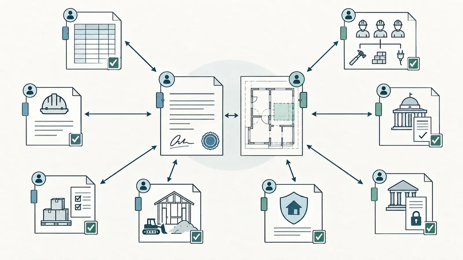 Scope baseline map connecting contract documents, drawings, procurement status, affected trades, permits, and lender instructions