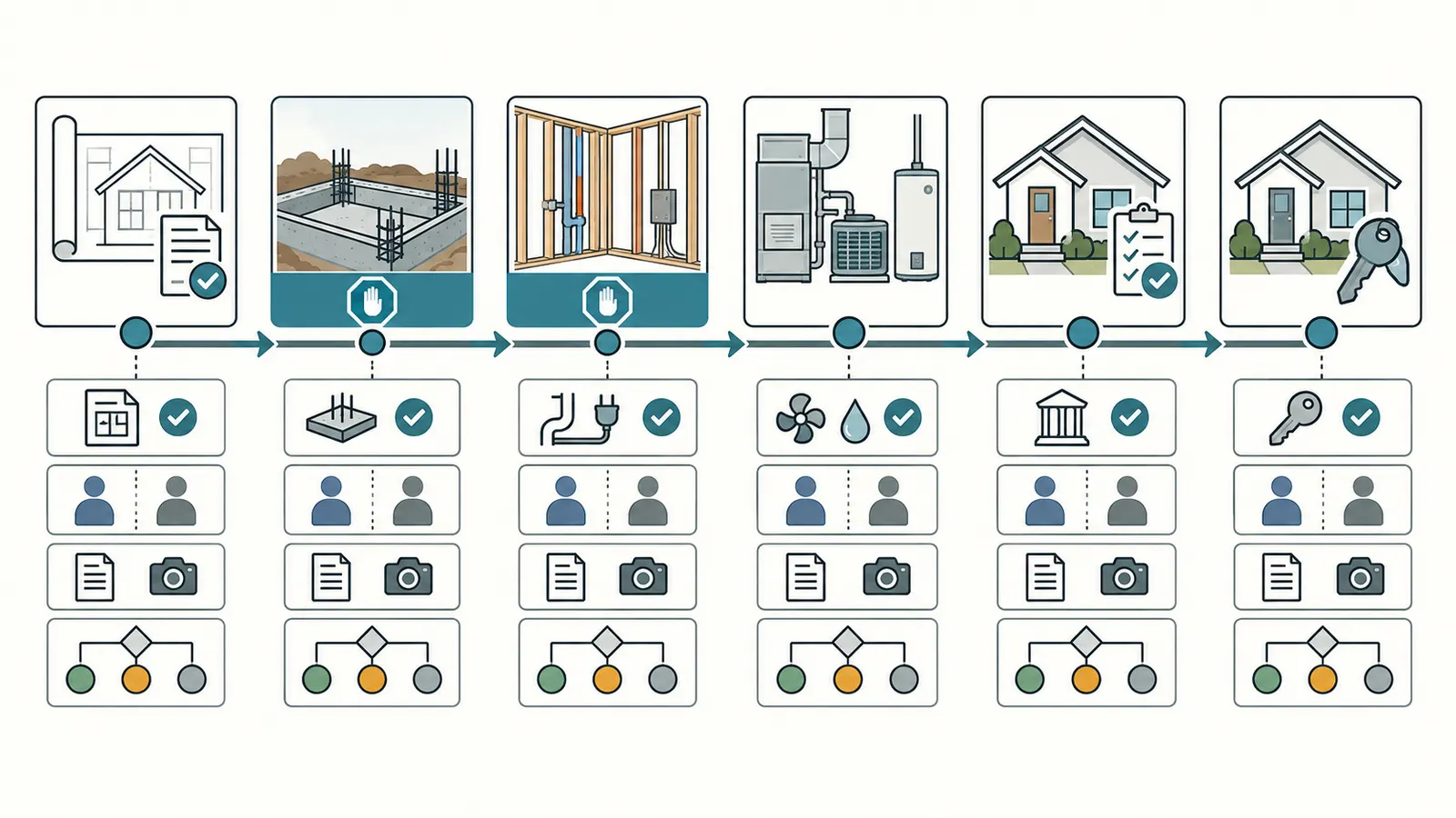 Construction sequence showing verification prerequisites before concealment, startup, final sign-off, and owner handoff.