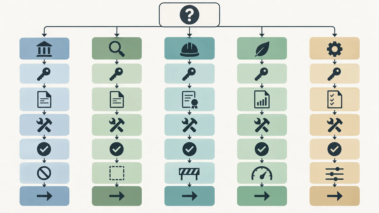 Decision map routing a homeowner question to code, independent, special, energy, or commissioning evidence.