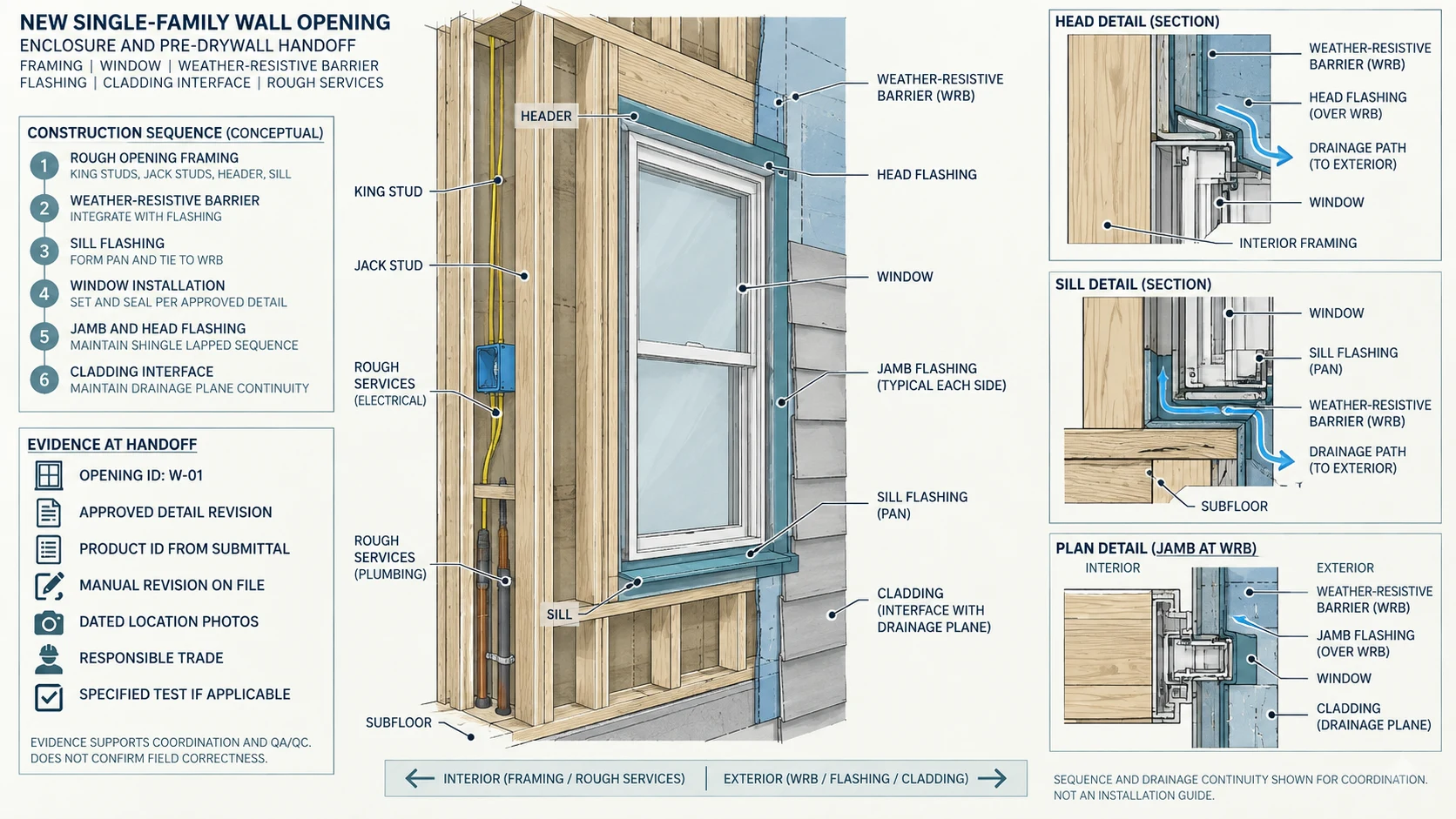 Labeled window, WRB, flashing, wall and cladding interface with evidence points before concealment