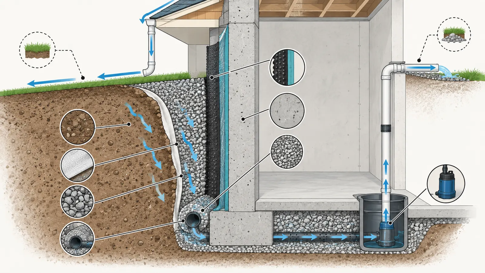 Cutaway foundation showing surface drainage, wall barrier, footing drain, outlet and protection layer