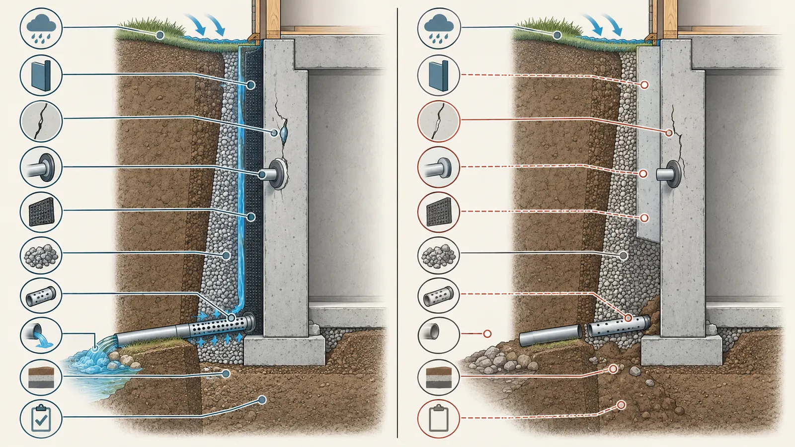 Side-by-side proposal map separating barrier, details, drainage, outlet and protection scope