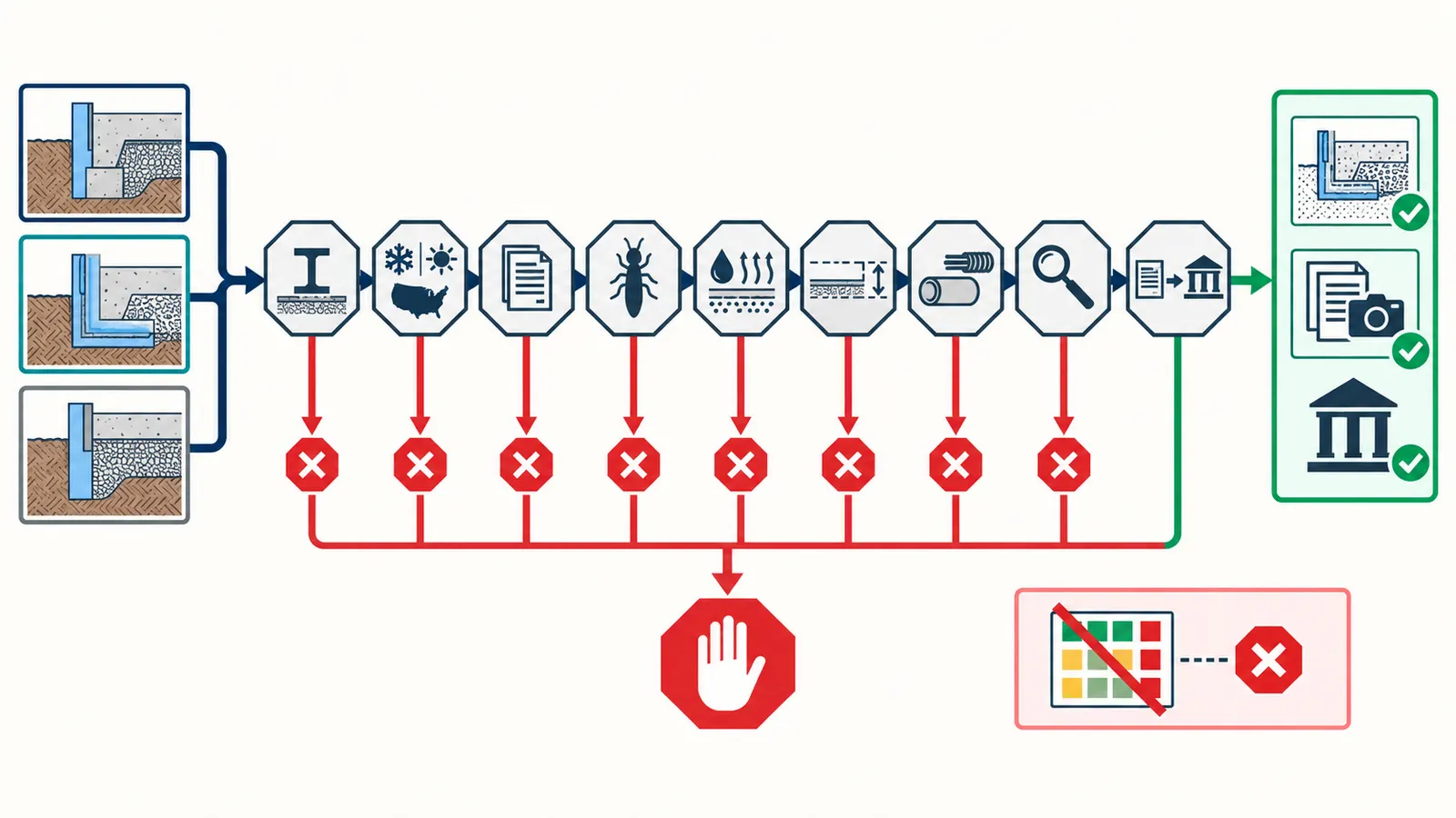 Pre-pour decision map routing slab-edge options through mandatory gates to hold or release