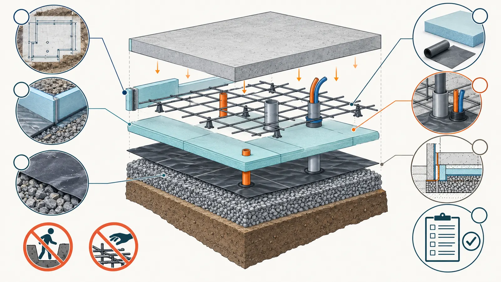 Exploded pre-pour layer map showing slab edge insulation, membranes, penetrations, reinforcement, and photo evidence