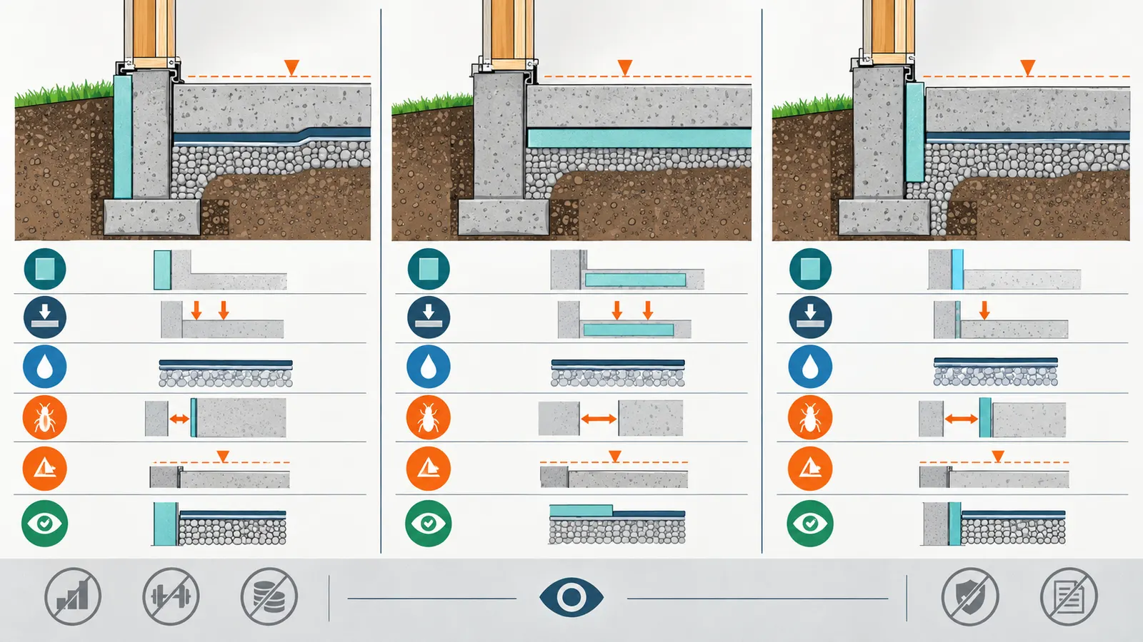 Three-column technical comparison of exterior edge, perimeter-under-slab, and foundation-isolated slab details