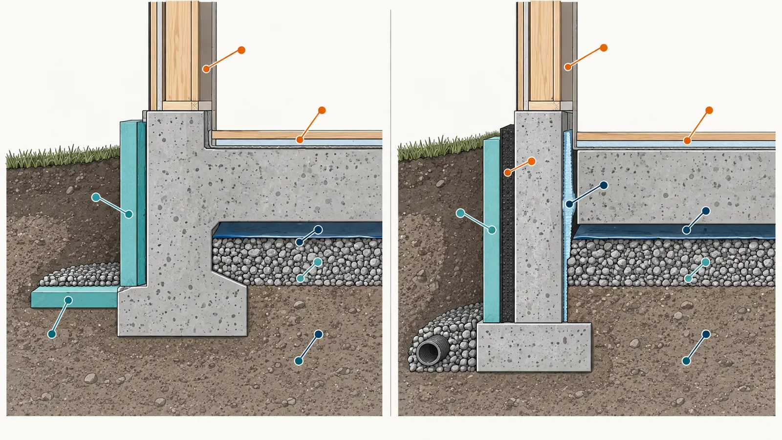 Section cutaway comparing a monolithic slab edge with an independent slab and perimeter foundation wall