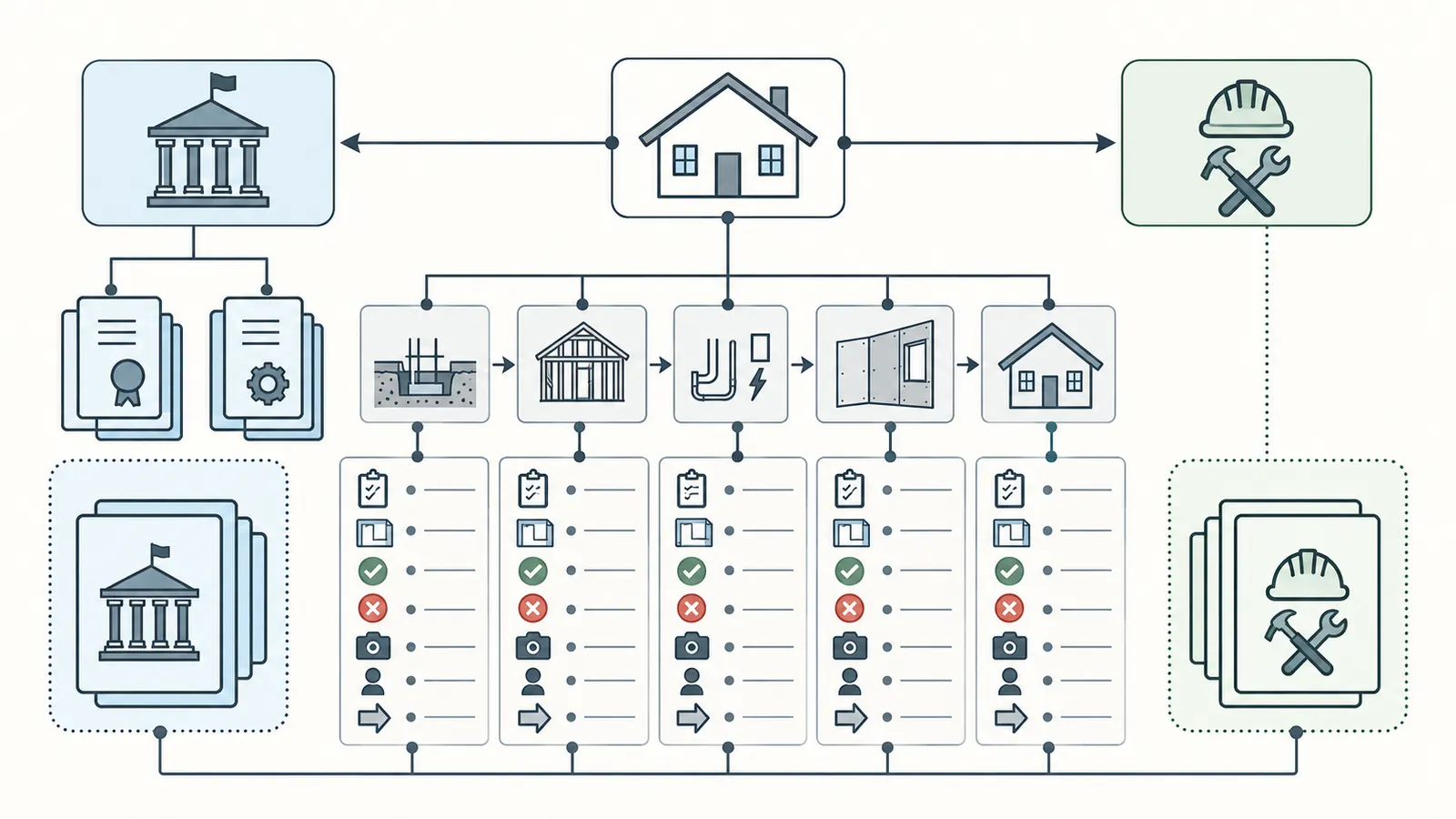 Record map connecting permit, inspection, plan revision, correction evidence, requester, and phase release
