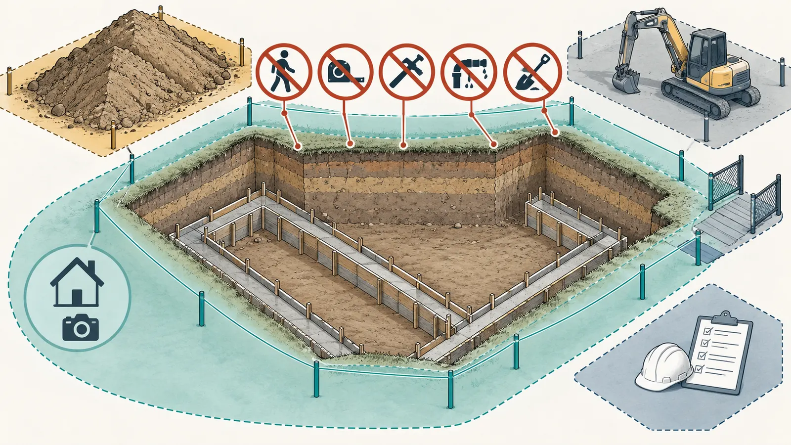 Safety cutaway showing a footing excavation, formwork, spoil and equipment exclusion area, and a homeowner observation zone outside the edge.