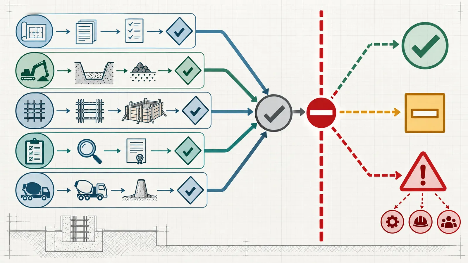 Decision map showing footing release, hold, and escalation paths from records, verification, and inspection status.