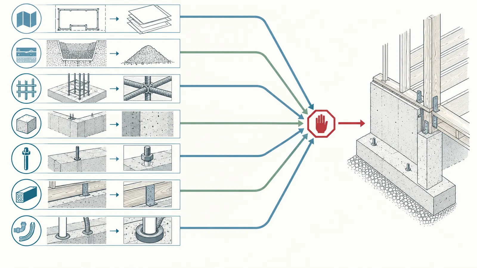 Diagram connecting plan identity, survey control, geometry, inspection, materials, protection and discrepancy records to a framing handoff.