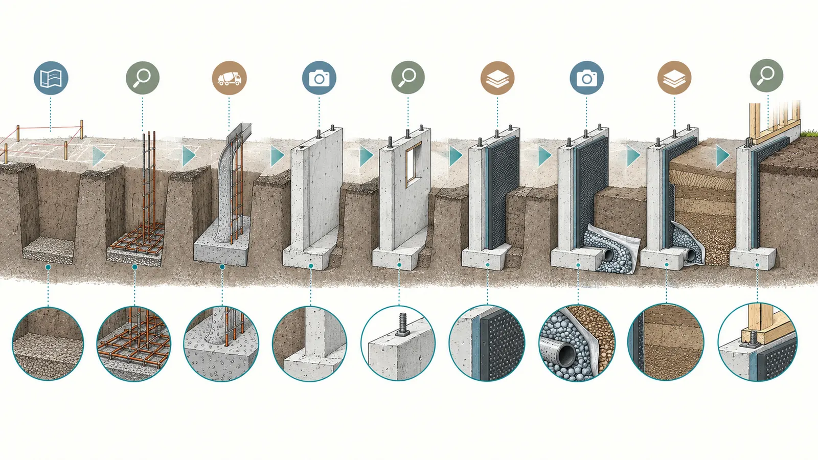 Cutaway sequence of a foundation showing pre-pour, wall, moisture protection, drainage, backfill and pre-framing evidence gates.