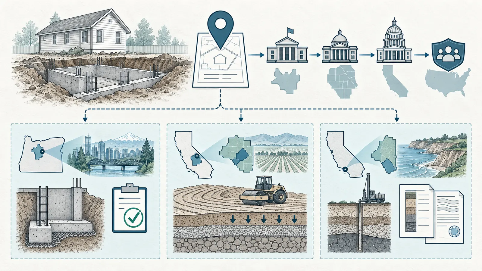 Jurisdiction-routing map showing local footing, grading, and soils-record examples without generalizing them nationally