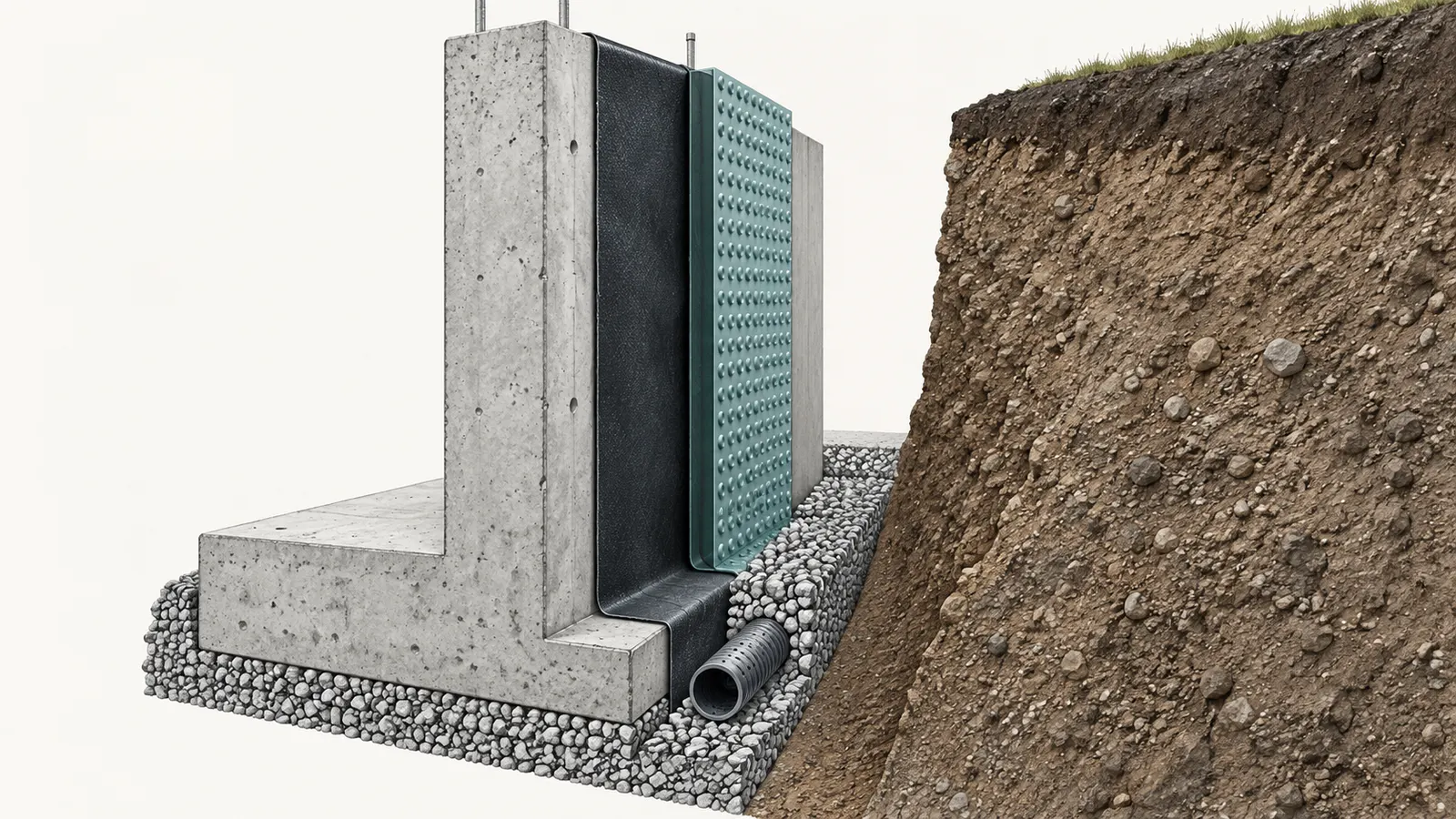 Foundation wall cutaway showing drainage, waterproofing, protection and the exposed-work boundary before backfill