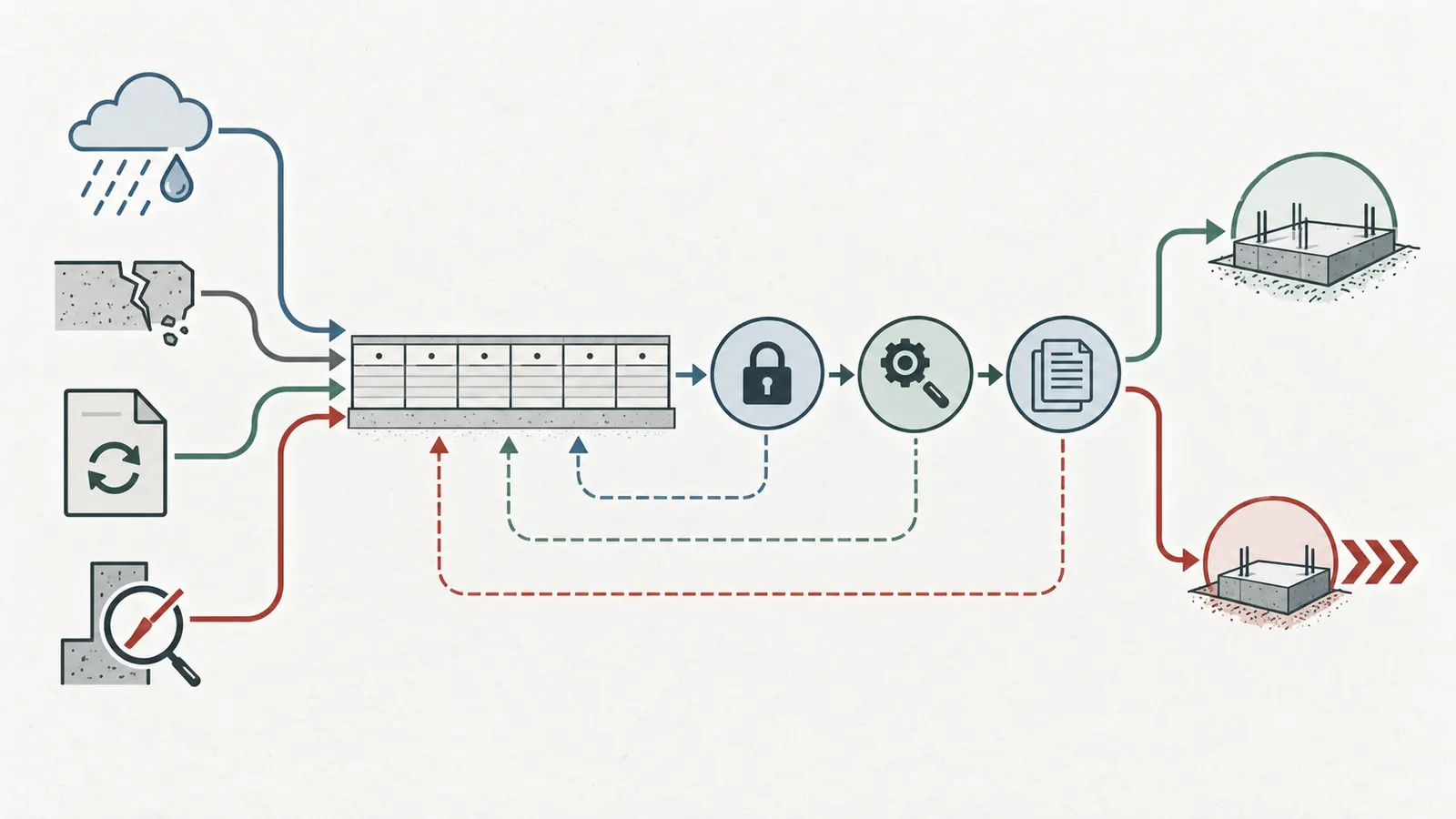Exception recheck loop linking weather, damage, drawing changes or failed inspection to evaluation and a reopened register row