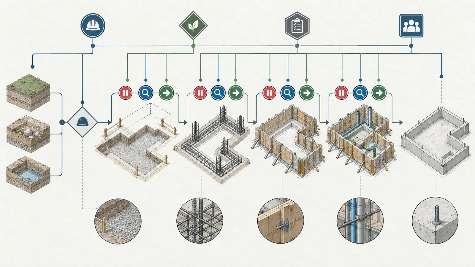 Foundation-stage decision map from excavation and footing preparation through wall work and concrete placement