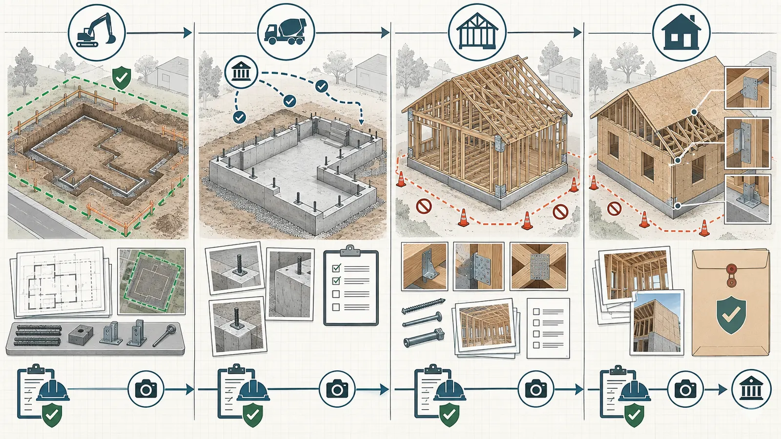 Four-stage foundation-to-framing timeline with evidence checkpoints before each concealment handoff.
