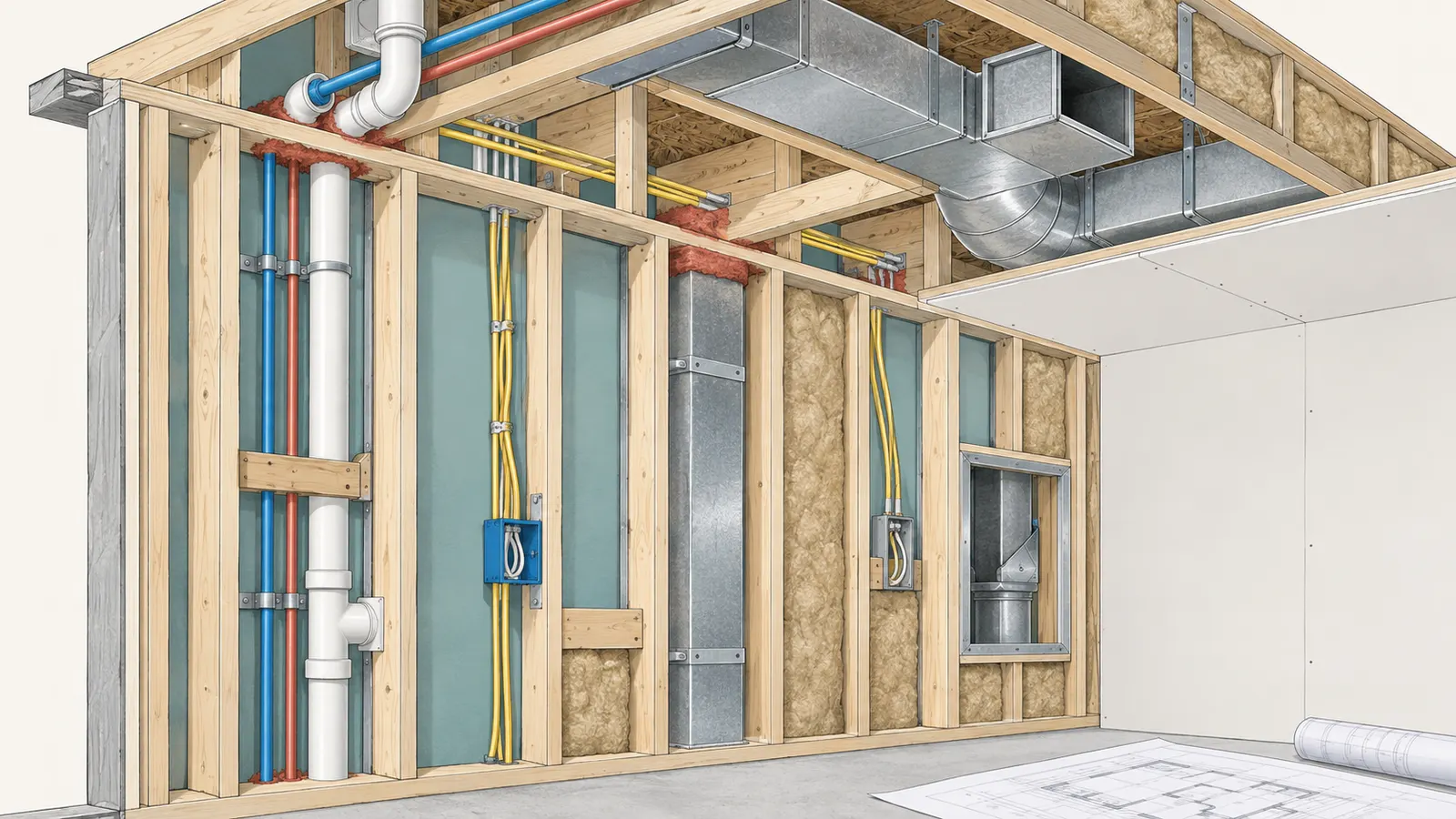 Wall and ceiling cutaway showing visible rough work before insulation and drywall