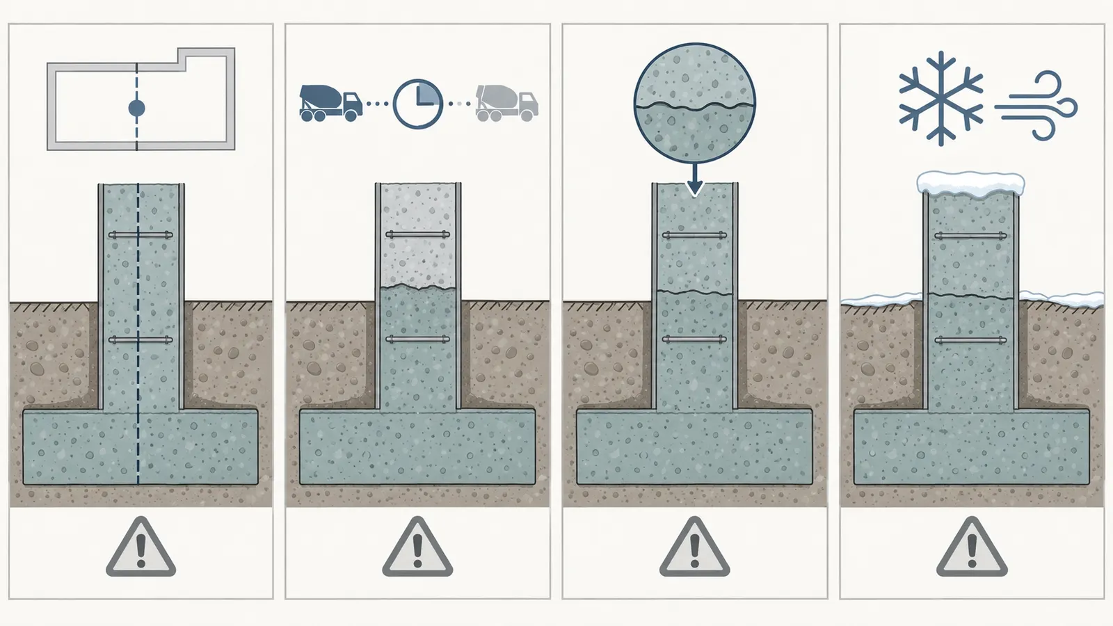 Comparison panel separating a planned construction joint, an unplanned interruption, a visible cold-joint line, and cold-weather exposure.