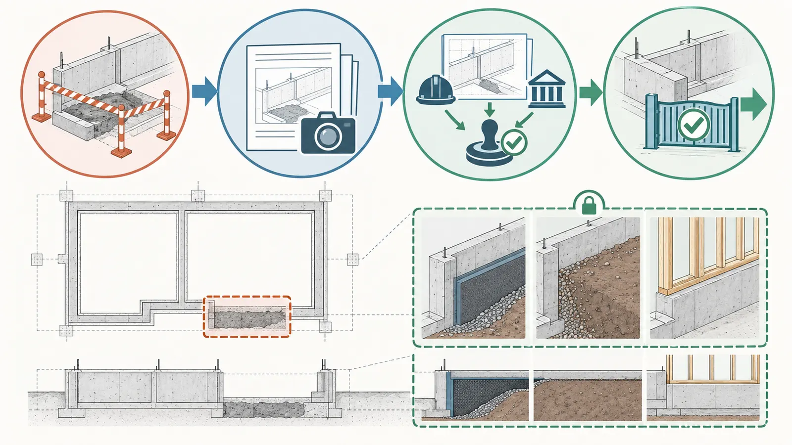 Decision map showing an interrupted foundation pour moving from a site hold to documented release of dependent work.