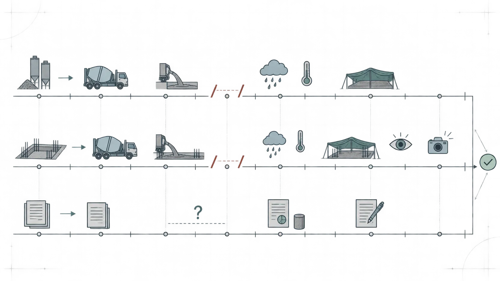 Three aligned timelines for concrete placement, site conditions, and project documents with a highlighted unresolved time gap.