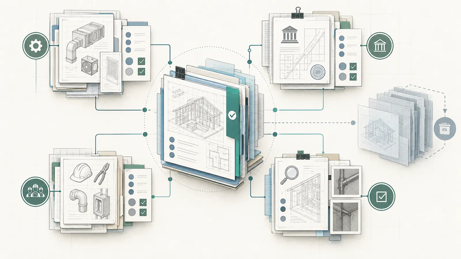 A controlled handoff packet connects the approved revision to technical review, trade acknowledgments, inspection prerequisites, release status, and as-built closeout.