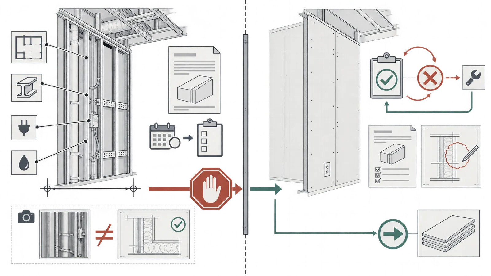 A before-cover inspection gate compares visible installation evidence, measurement records, inspection result, and separate commissioning or owner handoff records.
