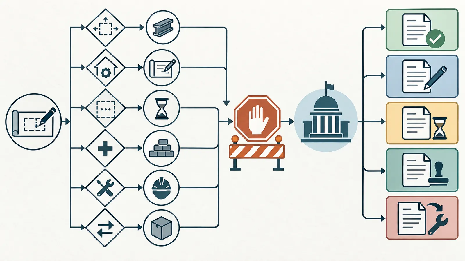 A decision map routes a proposed construction change from its trigger to a local field record, plan revision, deferred submittal, new permit, or corrective path.