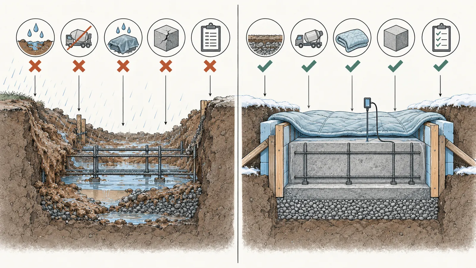 Side-by-side concrete weather comparison separating wet-subgrade concerns from cold-weather curing controls