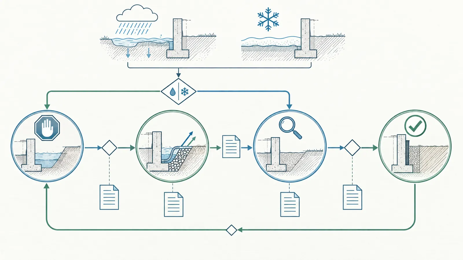 Foundation weather-event decision map showing hold, correct, re-inspect, and release states